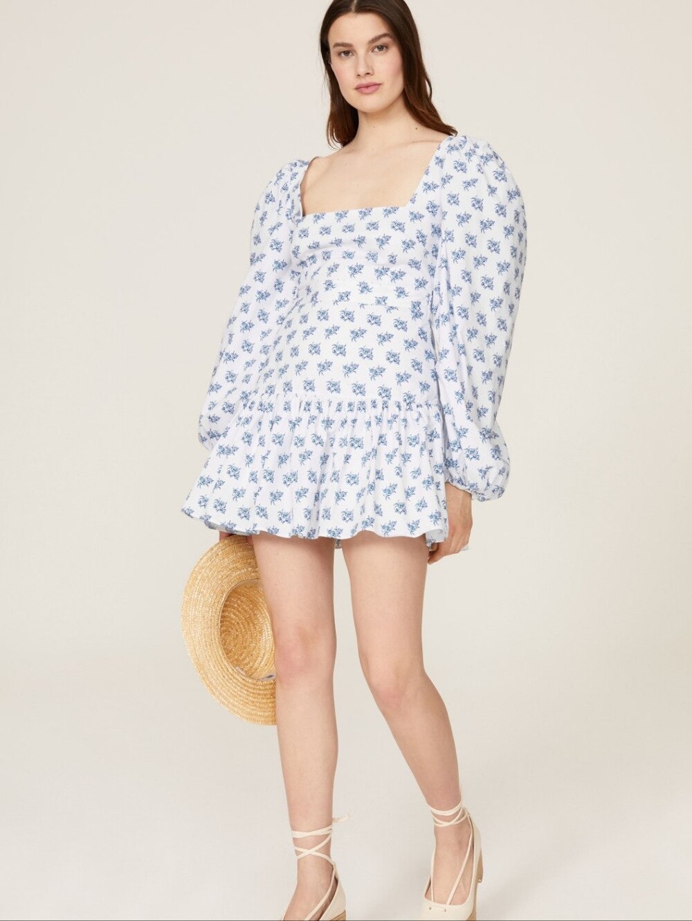 Caroline Constas Julian White Mini Dress with Blue Floral Motif